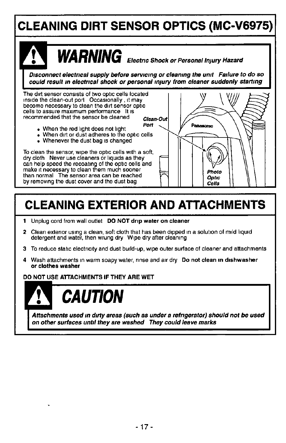 Cleaning exterior and attachments, Warning, Caution | Panasonic MC-V6945 User Manual | Page 17 / 24