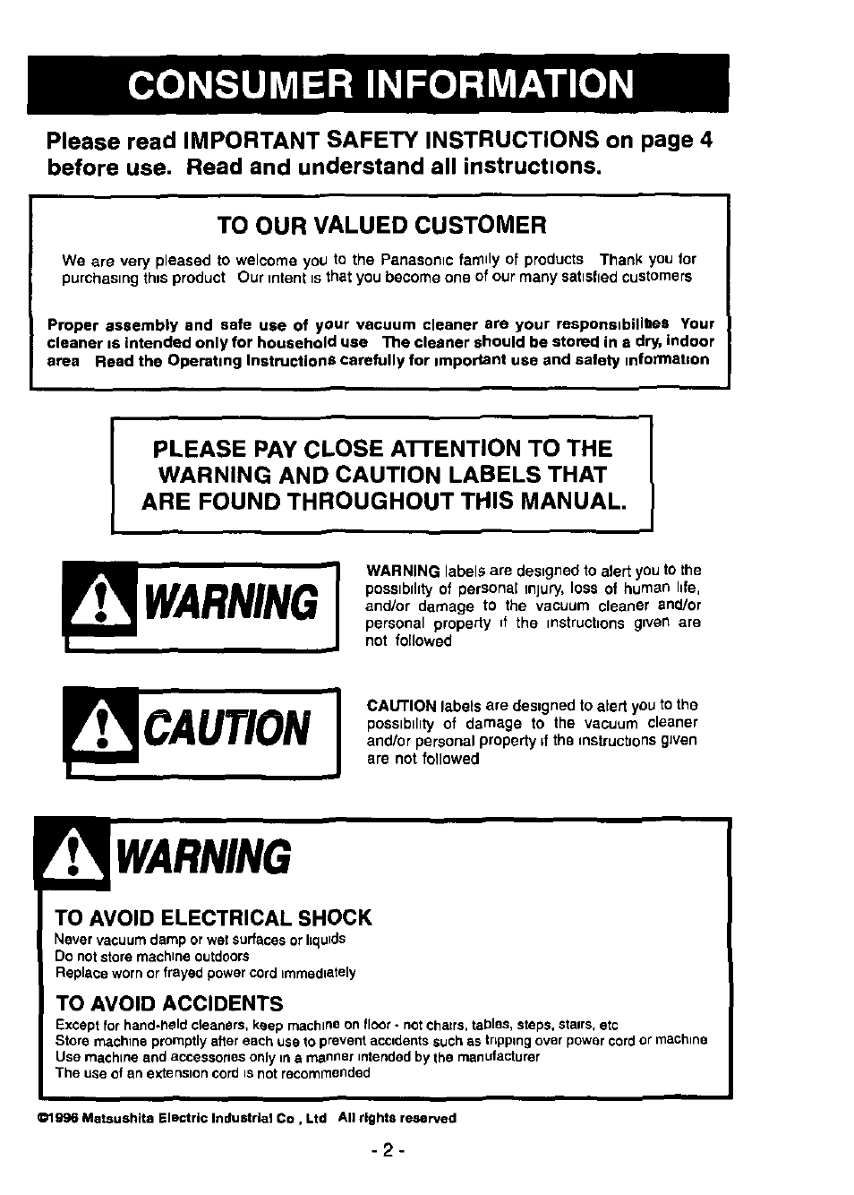Consumer information, Warning, Caution | Panasonic MC-V6945 User Manual | Page 2 / 24