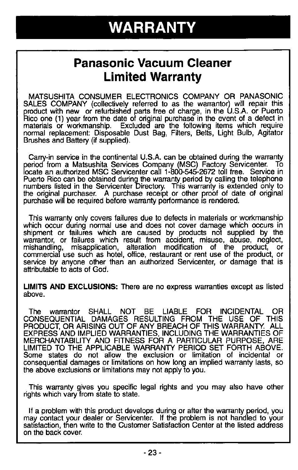 Warranty, Panasonic vacuum cleaner limited warranty | Panasonic MC-V6945 User Manual | Page 23 / 24