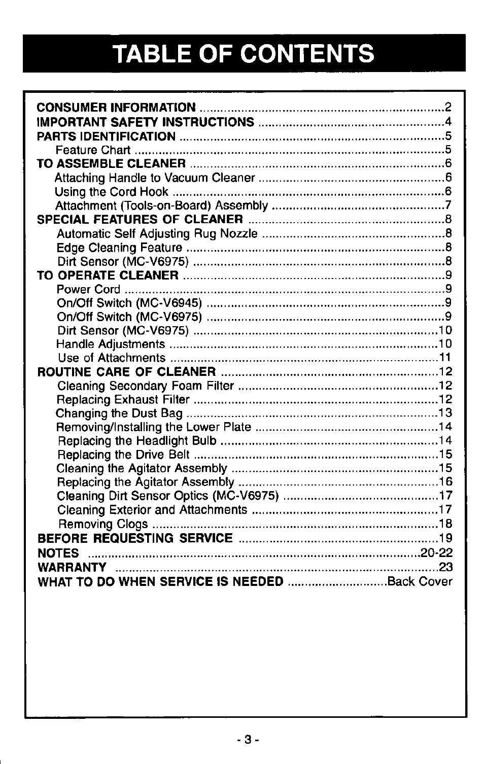 Panasonic MC-V6945 User Manual | Page 3 / 24