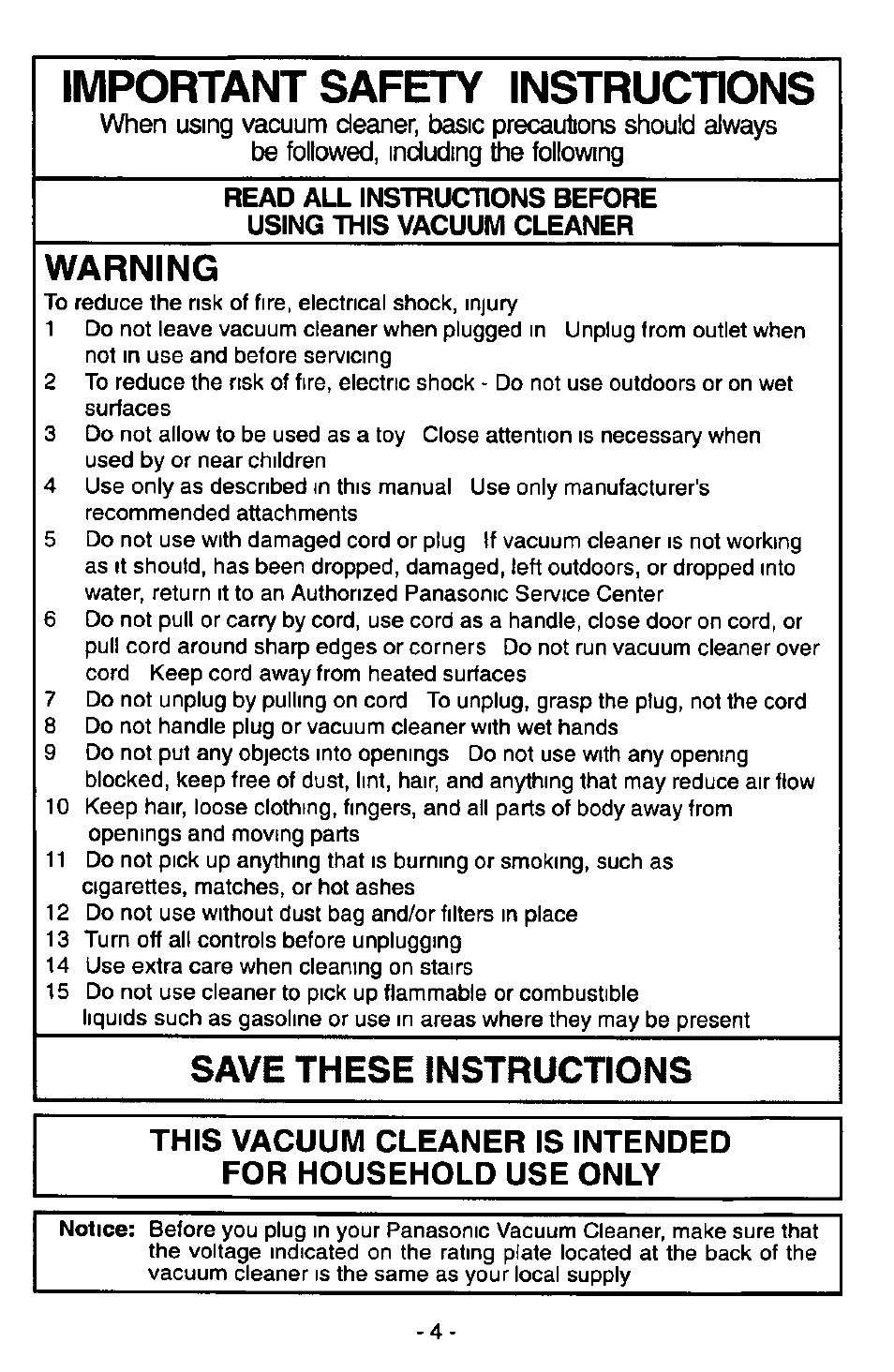Important safety instructions, Warning, Save these instructions | Panasonic MC-V6945 User Manual | Page 4 / 24