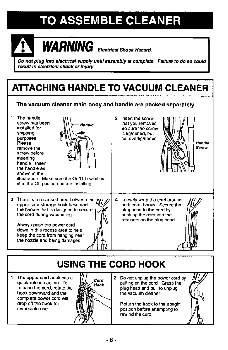 To assemble cleaner, Mmihg, Attaching handle to vacuum cleaner | Using the cord hook | Panasonic MC-V6945 User Manual | Page 6 / 24