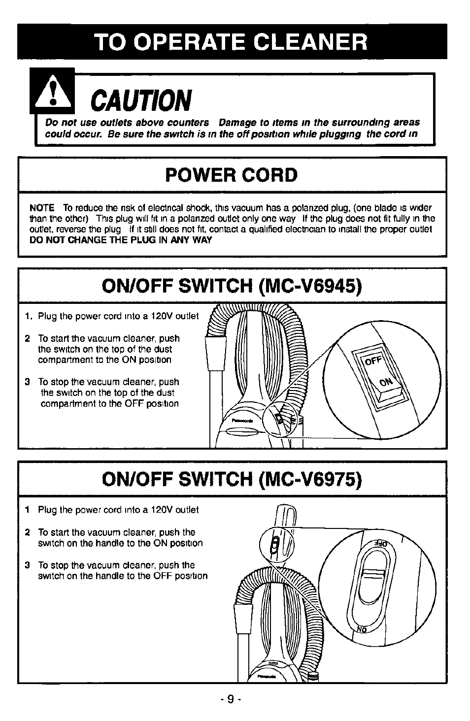 To operate cleaner, Caution, Power cord | On/off switch (mc-v6945) | Panasonic MC-V6945 User Manual | Page 9 / 24