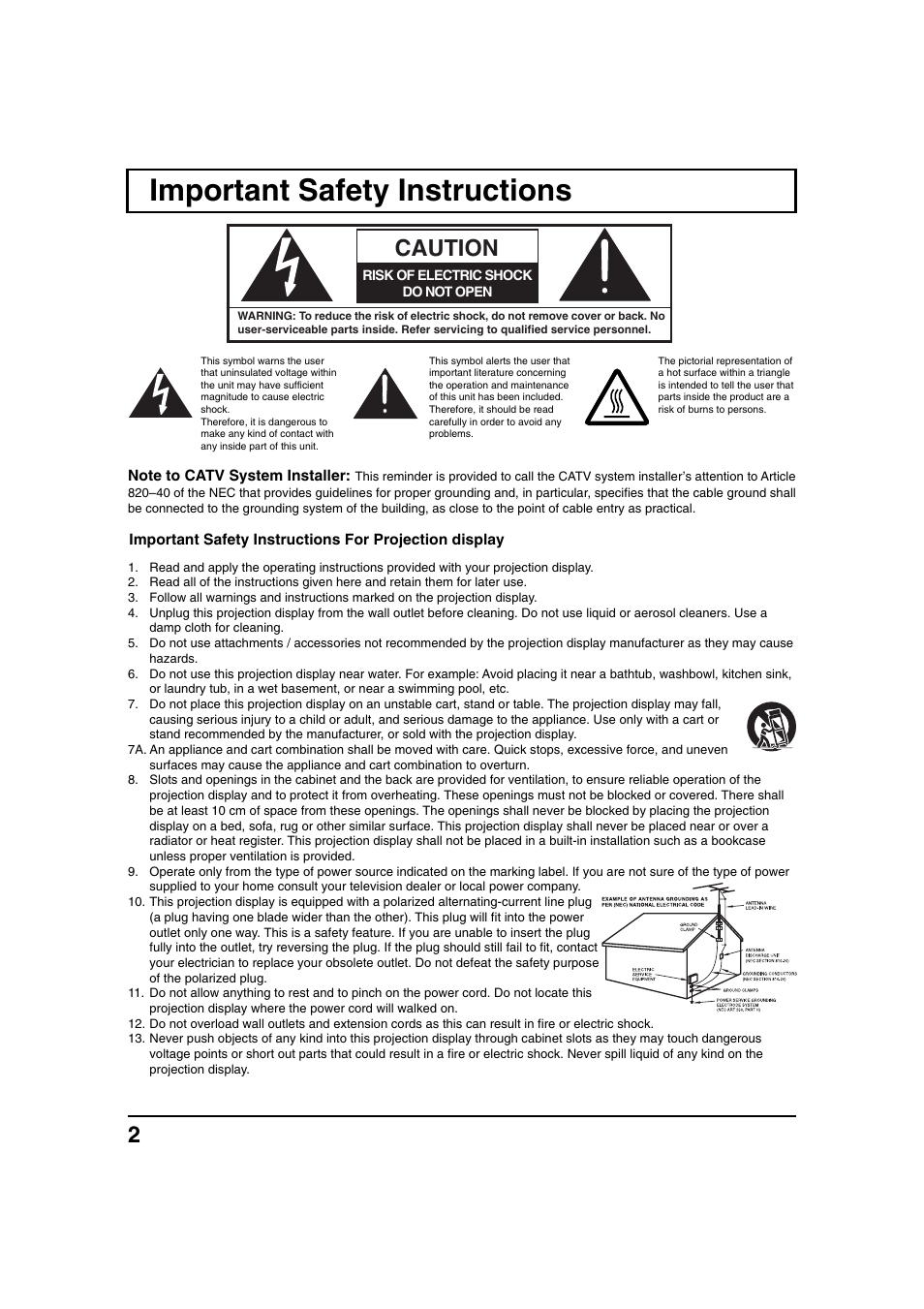 Getting started, Important safety instructions, Caution | Panasonic PT 40LC12 User Manual | Page 2 / 72