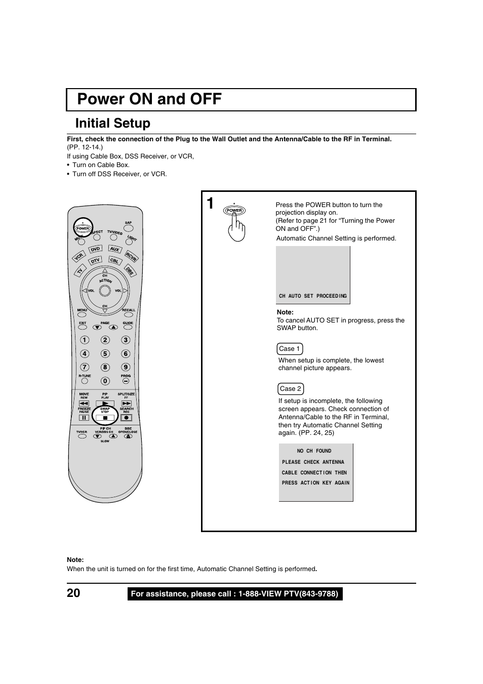 Basic operation, Power on/off, Power on and off | Initial setup | Panasonic PT 40LC12 User Manual | Page 20 / 72