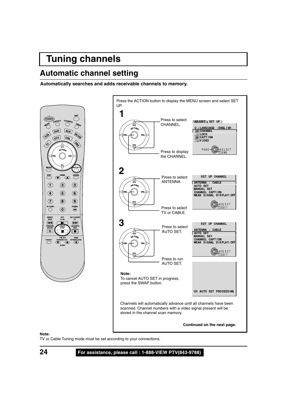 Tuning channels, Automatic channel setting | Panasonic PT 40LC12 User Manual | Page 24 / 72