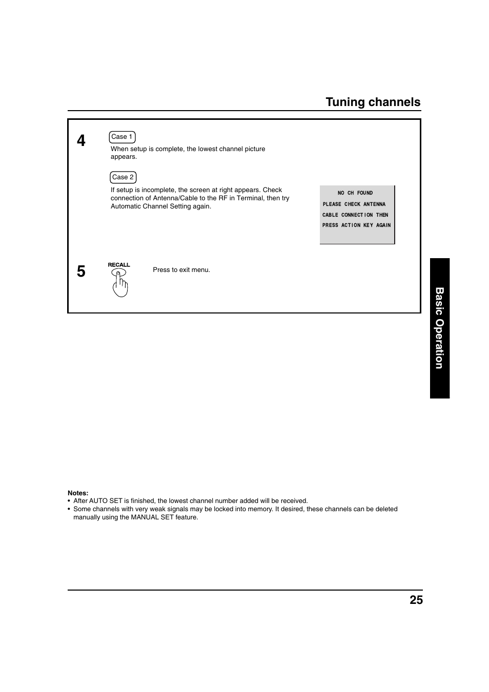 Tuning channels, Basic operation | Panasonic PT 40LC12 User Manual | Page 25 / 72