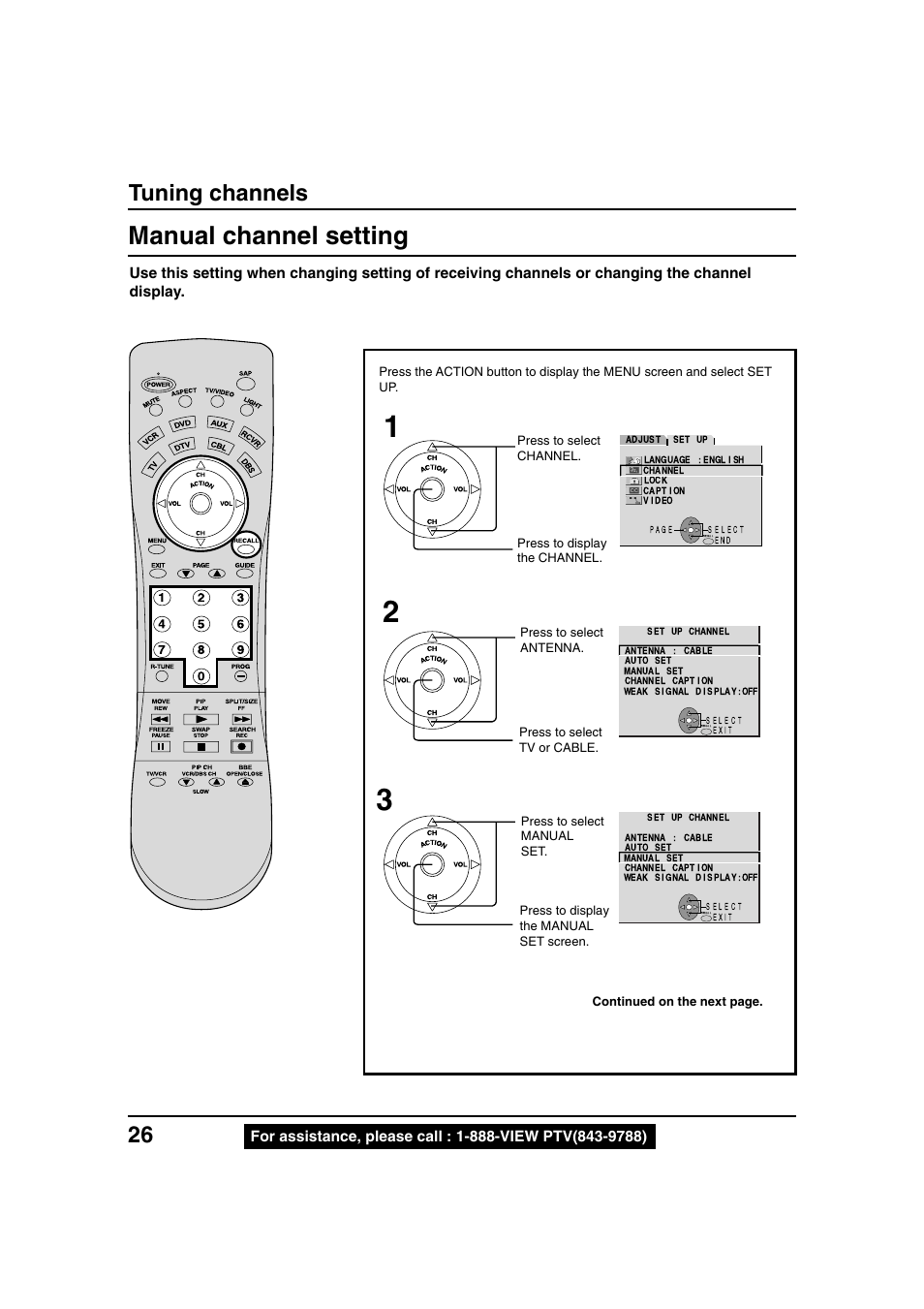 Manual channel setting, Tuning channels | Panasonic PT 40LC12 User Manual | Page 26 / 72