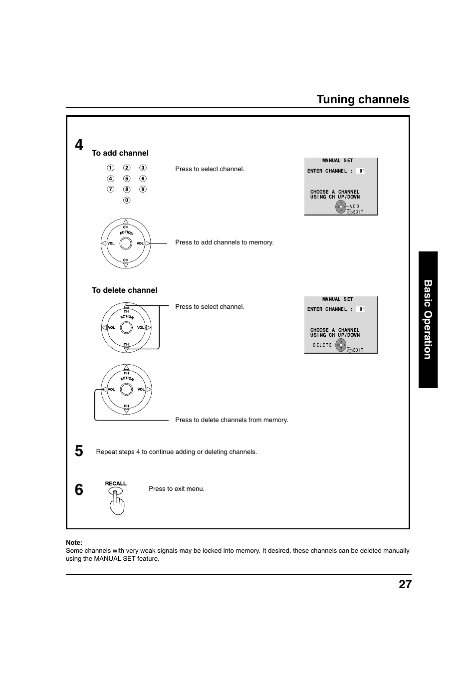 Tuning channels, Basic operation | Panasonic PT 40LC12 User Manual | Page 27 / 72