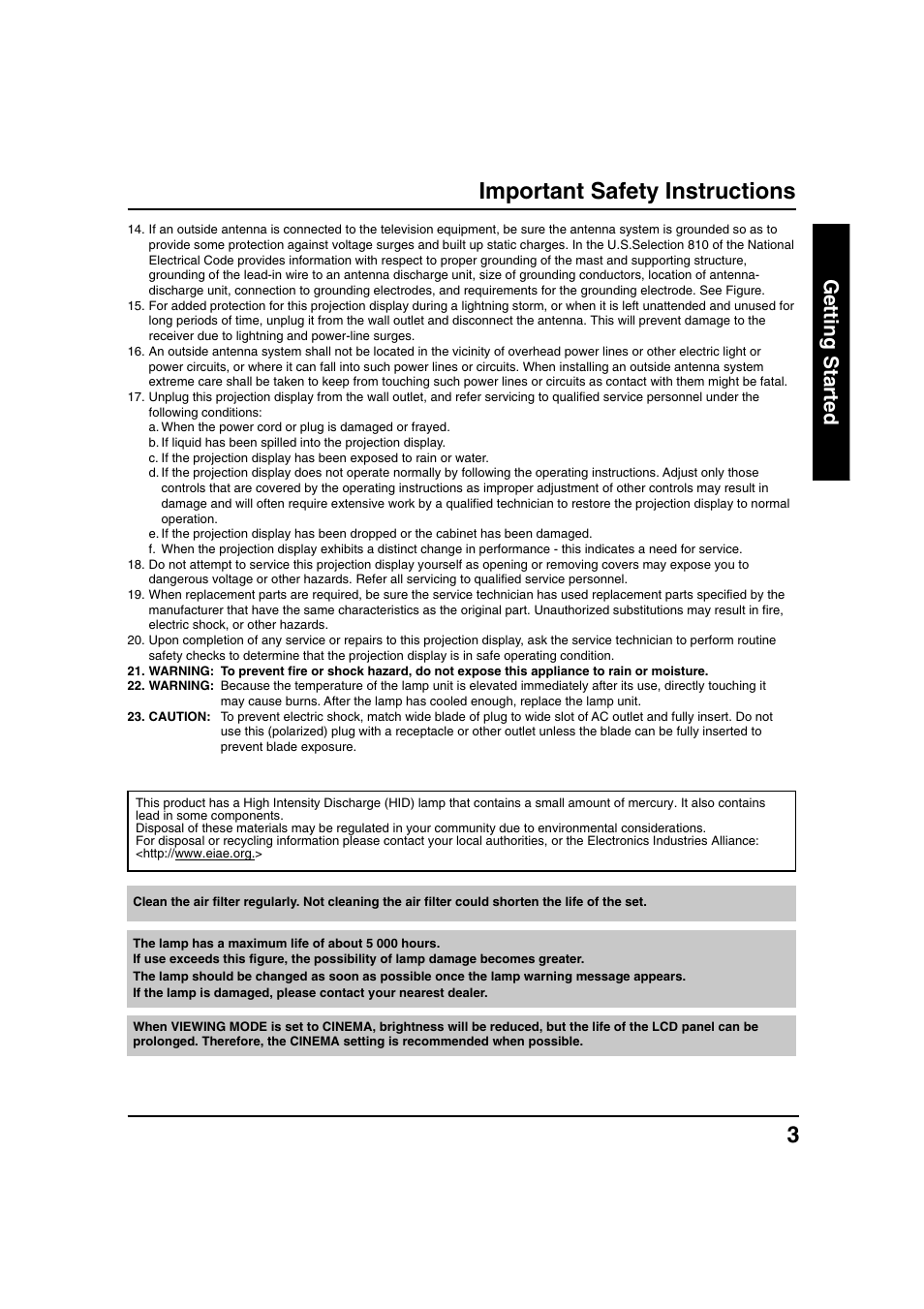Important safety instructions, Getting started | Panasonic PT 40LC12 User Manual | Page 3 / 72