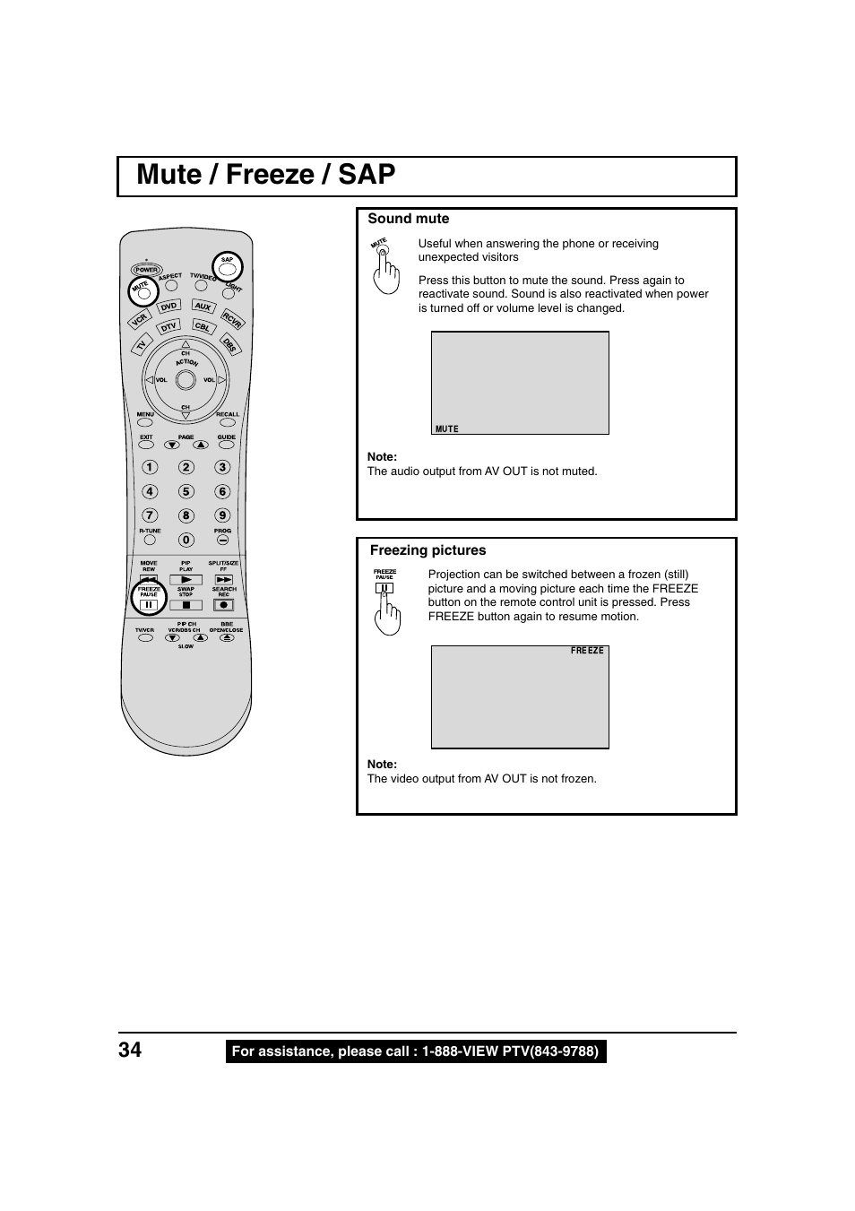 Mute / freeze / sap | Panasonic PT 40LC12 User Manual | Page 34 / 72
