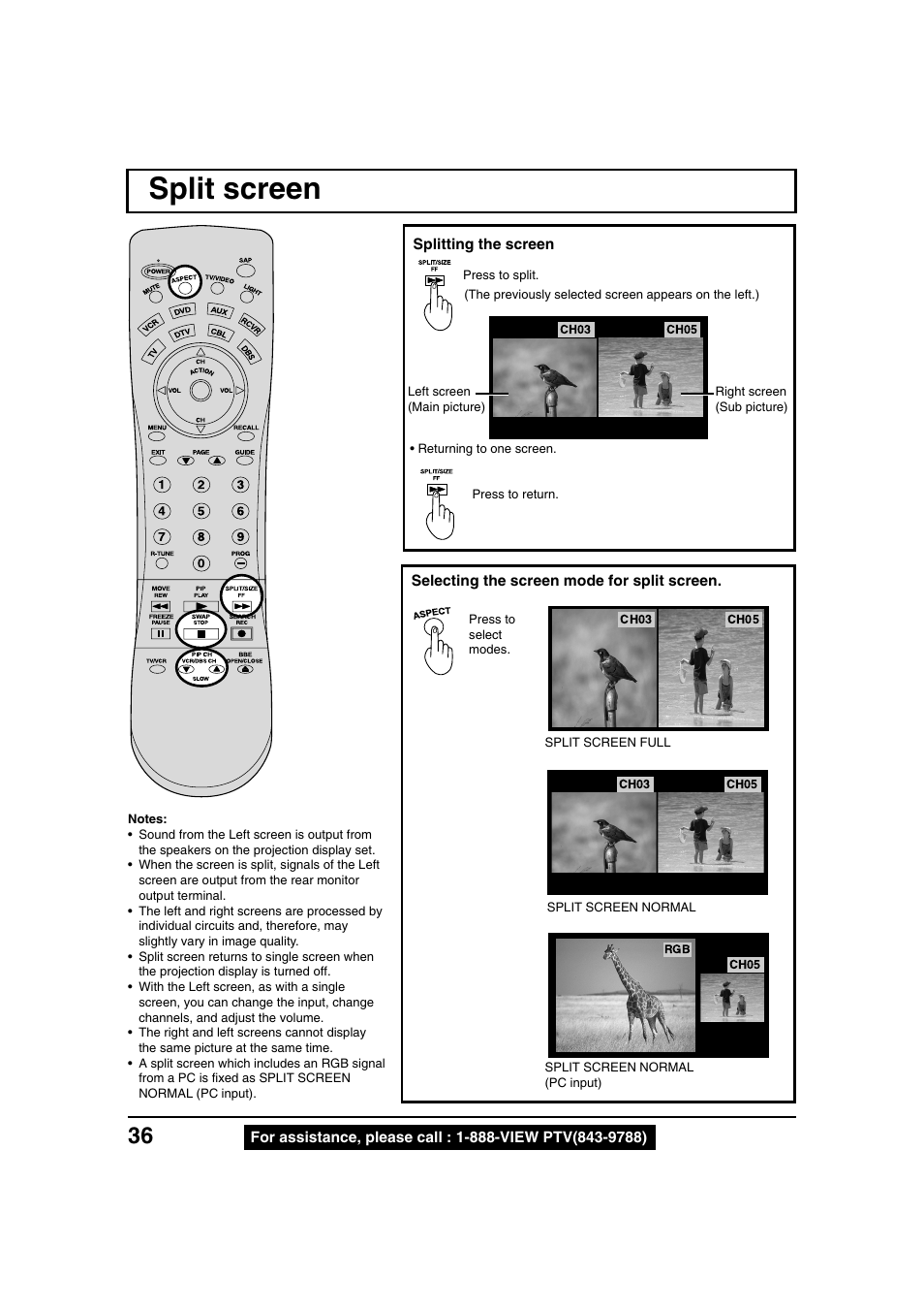 Split screen | Panasonic PT 40LC12 User Manual | Page 36 / 72