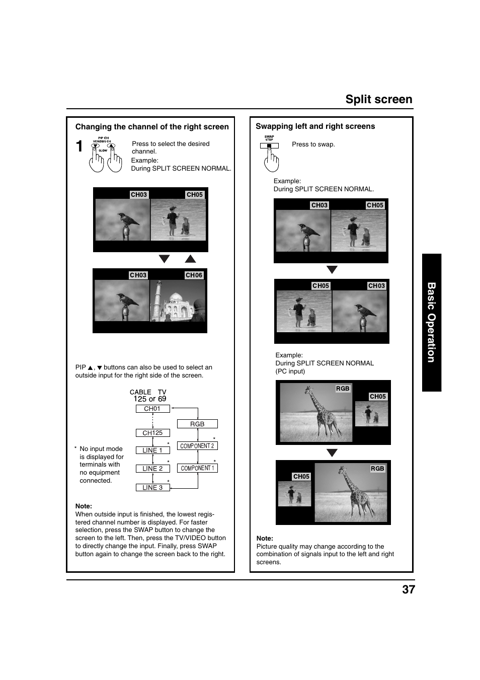 Split screen, Basic operation | Panasonic PT 40LC12 User Manual | Page 37 / 72