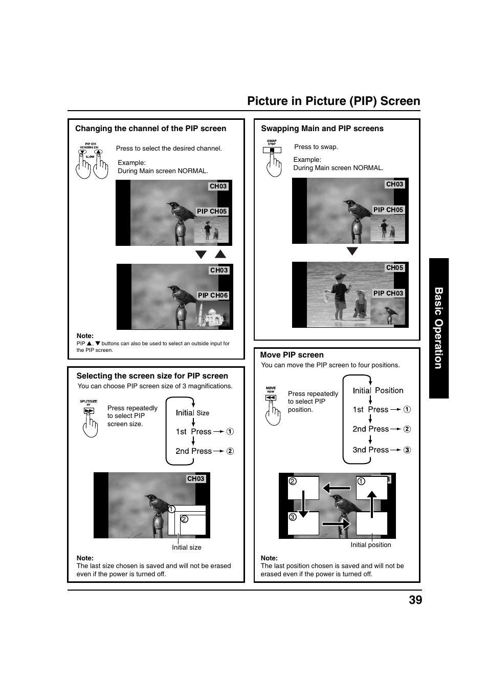Picture in picture (pip) screen, Basic operation | Panasonic PT 40LC12 User Manual | Page 39 / 72
