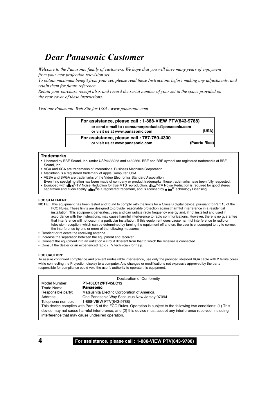 Dear panasonic customer | Panasonic PT 40LC12 User Manual | Page 4 / 72