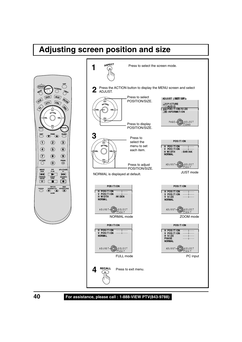 Advanced operation, Adjusting screen position and size, Adjusting screen position and size 4 | Panasonic PT 40LC12 User Manual | Page 40 / 72