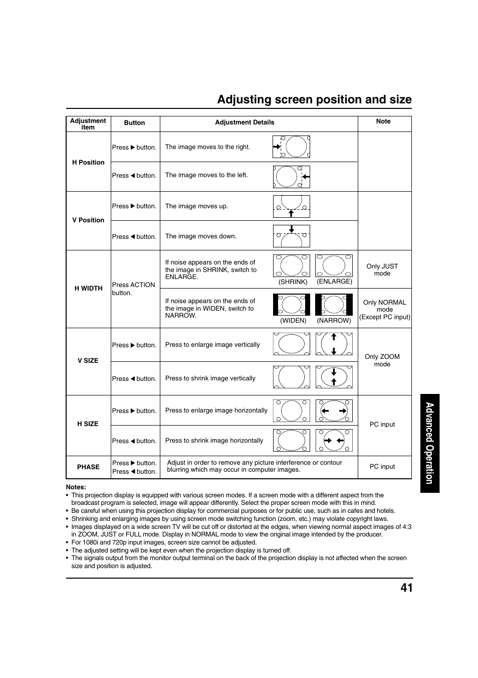 Adjusting screen position and size, Advanced operation | Panasonic PT 40LC12 User Manual | Page 41 / 72