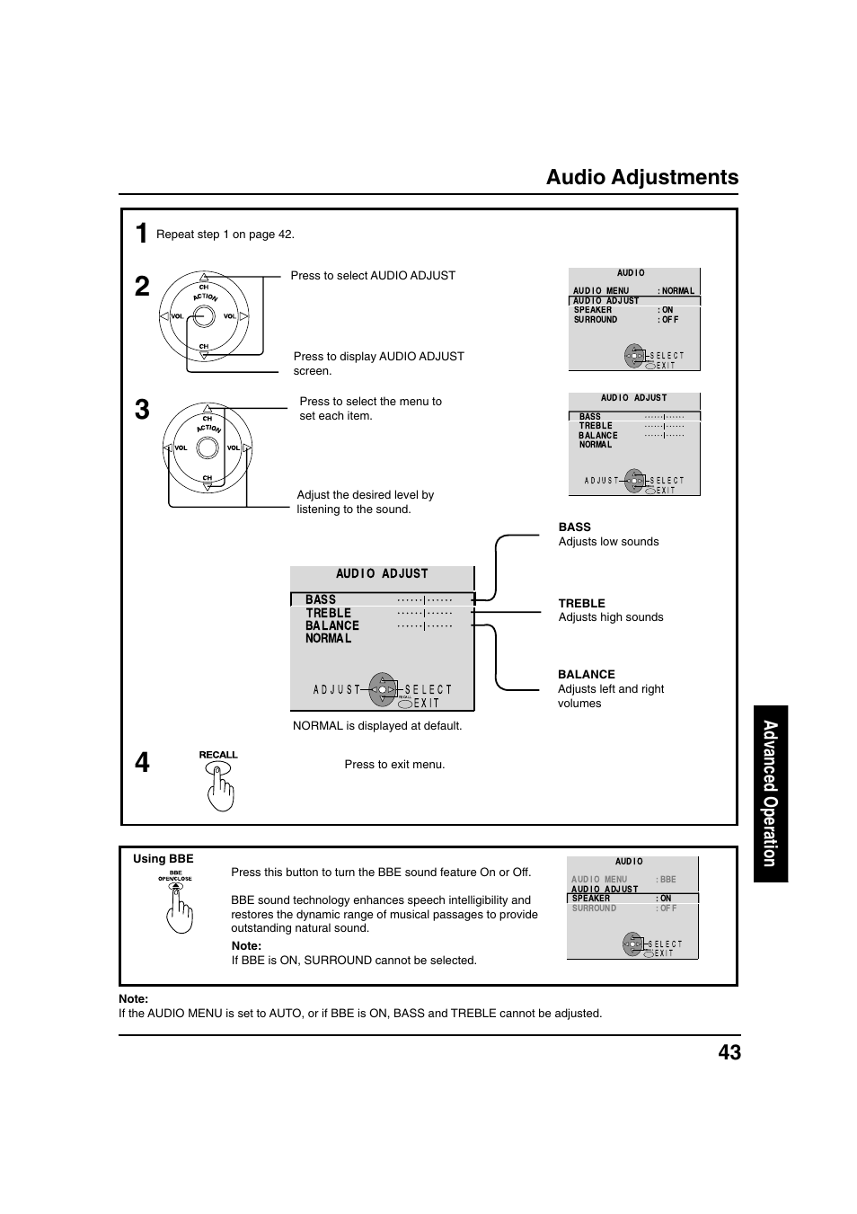 Audio adjustments, Advanced operation | Panasonic PT 40LC12 User Manual | Page 43 / 72