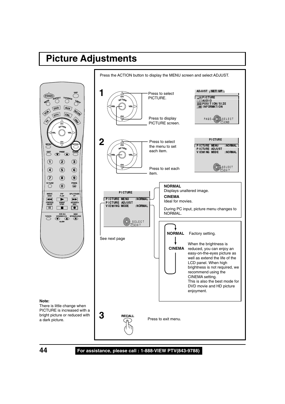 Picture adjustments, Picture adjustments 1 | Panasonic PT 40LC12 User Manual | Page 44 / 72