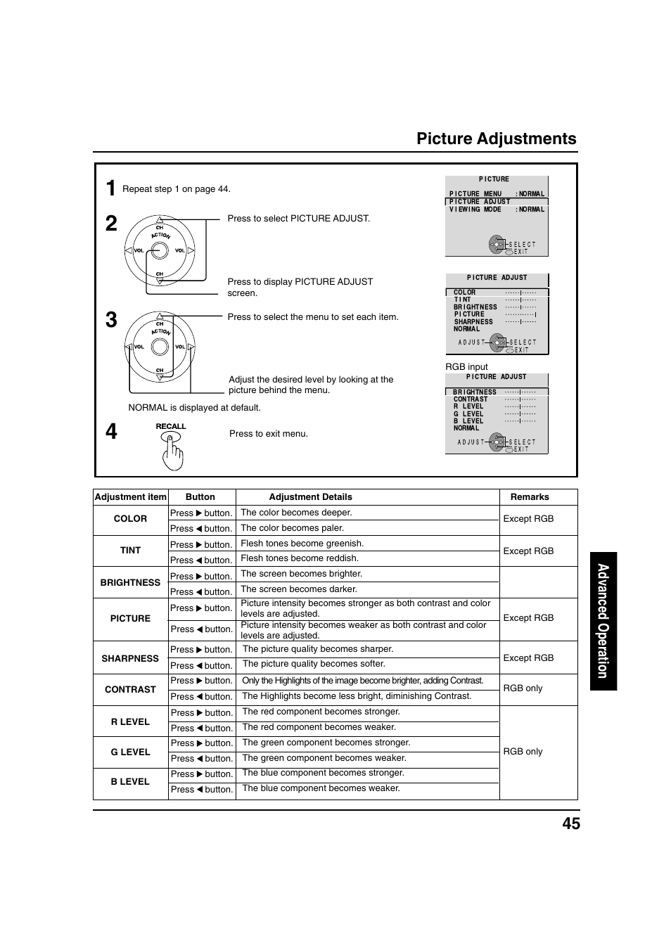 Picture adjustments, Advanced operation | Panasonic PT 40LC12 User Manual | Page 45 / 72