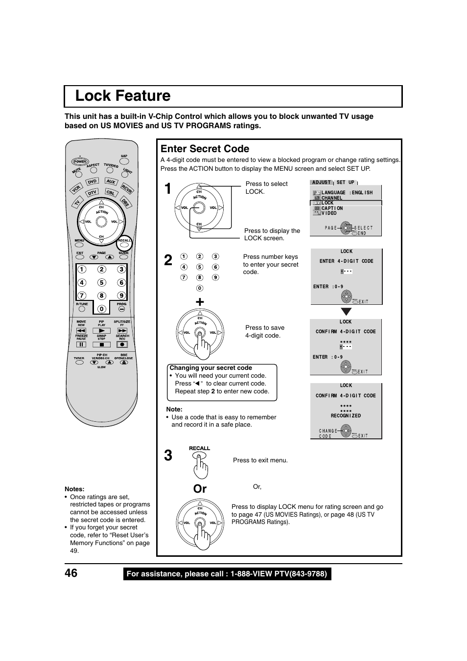 Lock feature, Enter secret code | Panasonic PT 40LC12 User Manual | Page 46 / 72