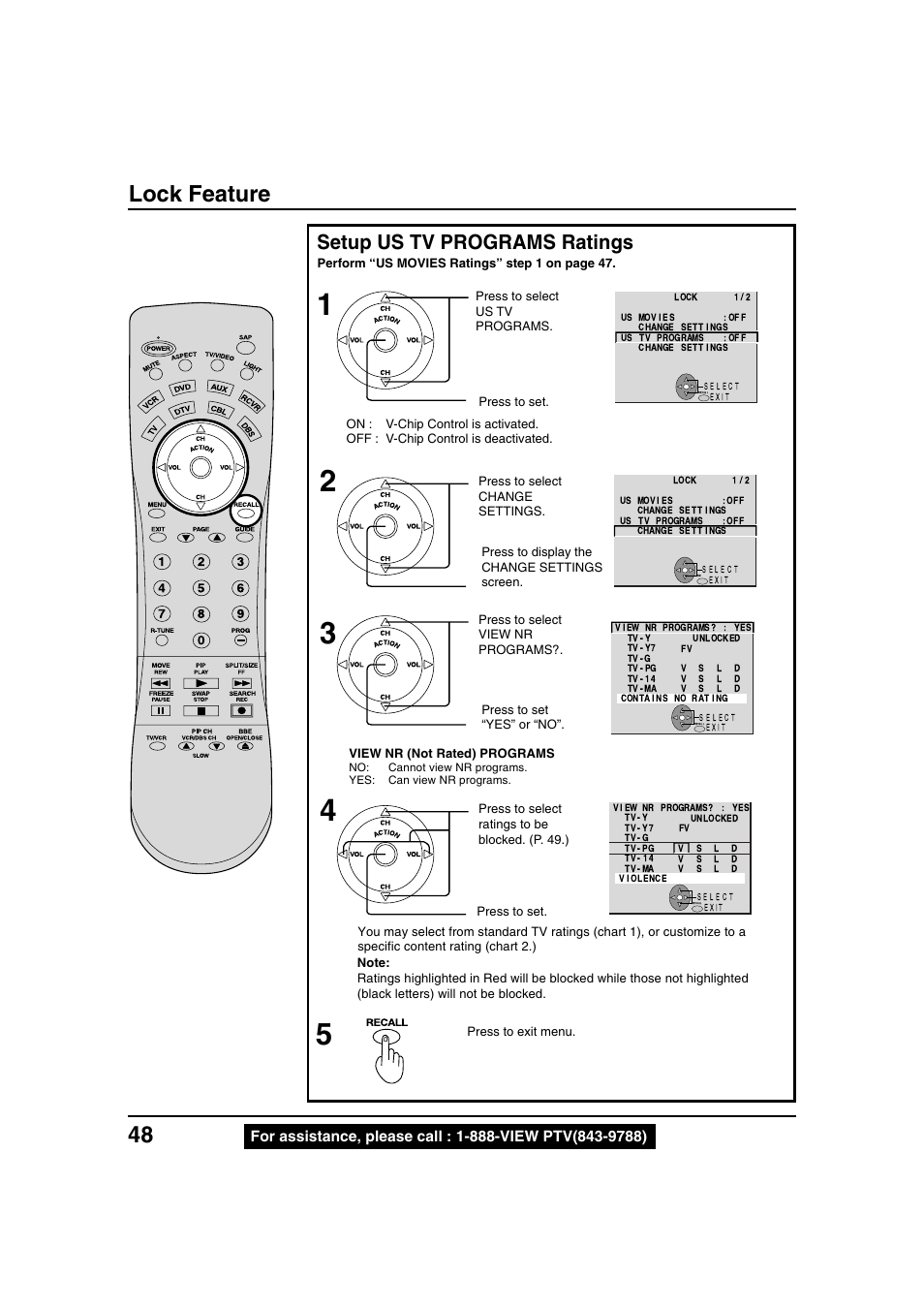 Lock feature, Setup us tv programs ratings | Panasonic PT 40LC12 User Manual | Page 48 / 72