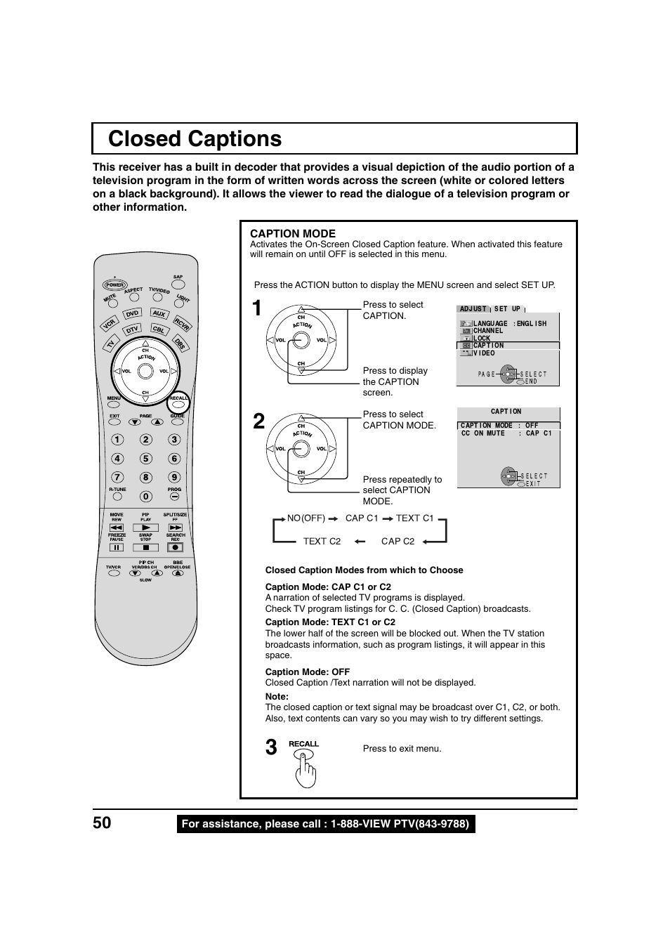Closed captions | Panasonic PT 40LC12 User Manual | Page 50 / 72