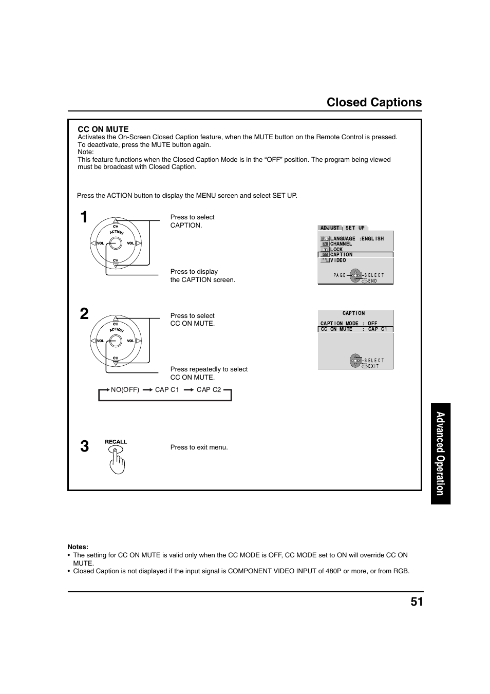 Closed captions, Advanced operation, Cc on mute | Panasonic PT 40LC12 User Manual | Page 51 / 72