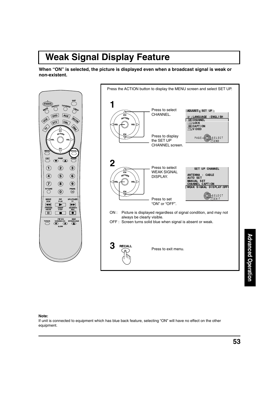 Weak signal display feature, Weak signal display feature 1 2, Advanced operation | Panasonic PT 40LC12 User Manual | Page 53 / 72