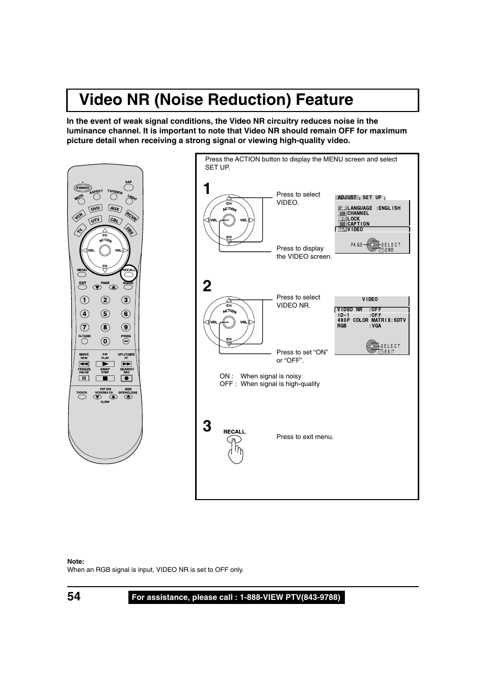 Video nr (noise reduction) feature, Video nr (noise reduction) feature 1 2 | Panasonic PT 40LC12 User Manual | Page 54 / 72