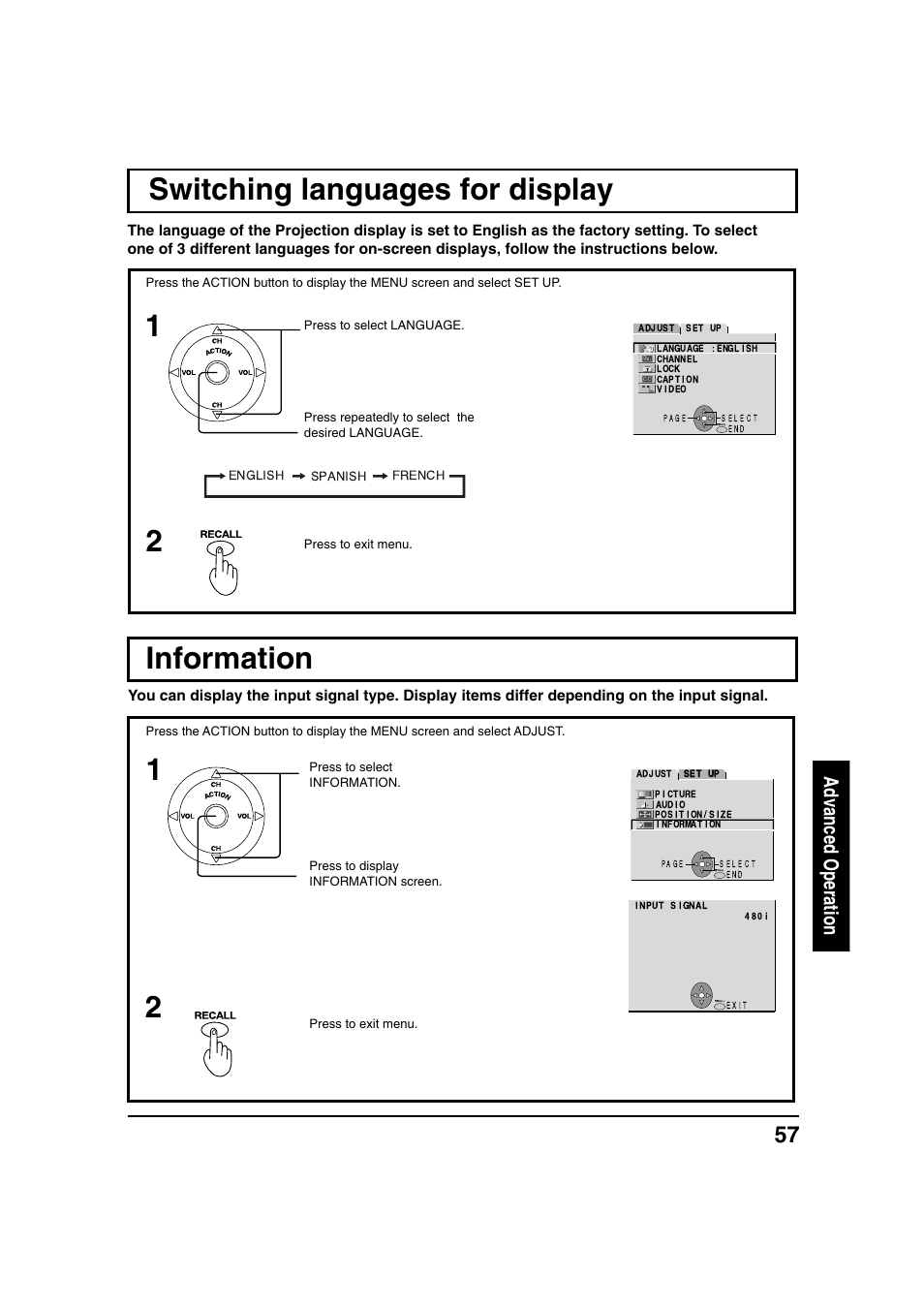 Switching languages for display, Information, Switching languages for display 1 | Advanced operation | Panasonic PT 40LC12 User Manual | Page 57 / 72