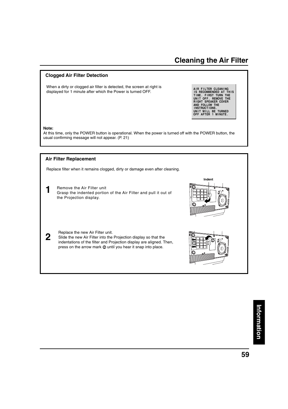 Cleaning the air filter, Information, Air filter replacement | Clogged air filter detection | Panasonic PT 40LC12 User Manual | Page 59 / 72