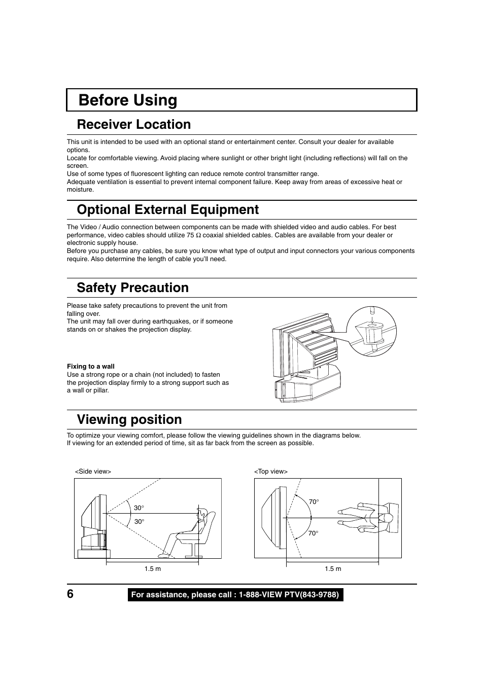 Before using, Receiver location, Optional external equipment | Safety precaution, Viewing position | Panasonic PT 40LC12 User Manual | Page 6 / 72