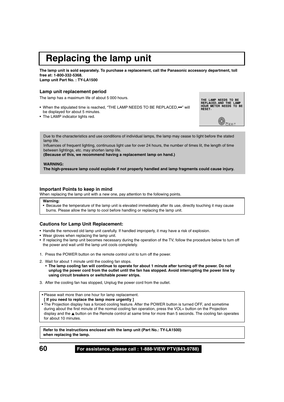 Replacing the lamp unit, Lamp unit replacement period, Important points to keep in mind | Cautions for lamp unit replacement | Panasonic PT 40LC12 User Manual | Page 60 / 72
