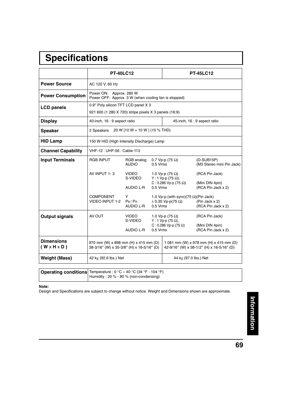 Specifications, Information | Panasonic PT 40LC12 User Manual | Page 69 / 72