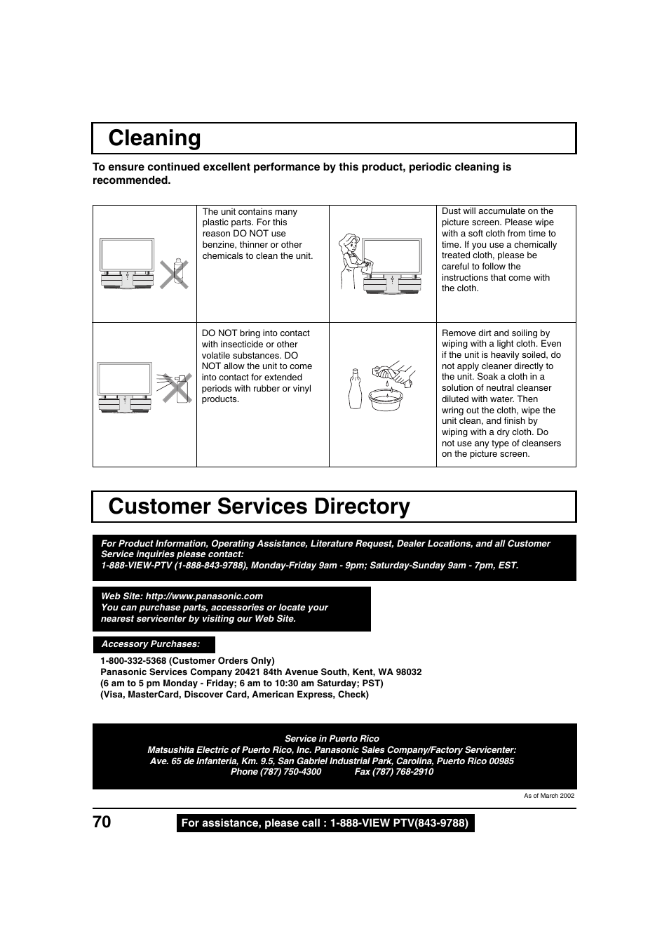 Cleaning, Customer services directory | Panasonic PT 40LC12 User Manual | Page 70 / 72