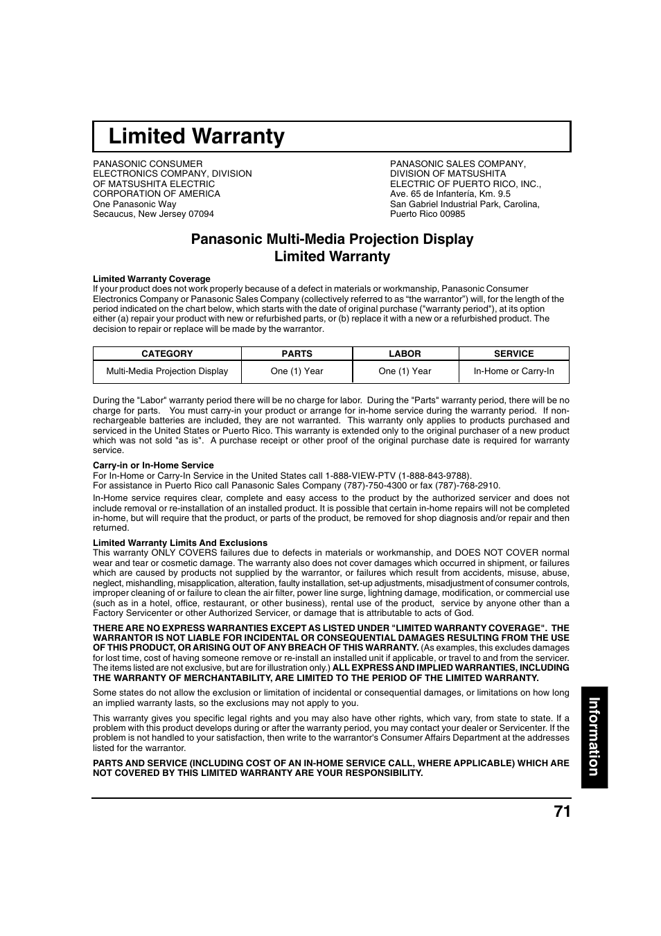 Limited warranty, Information | Panasonic PT 40LC12 User Manual | Page 71 / 72