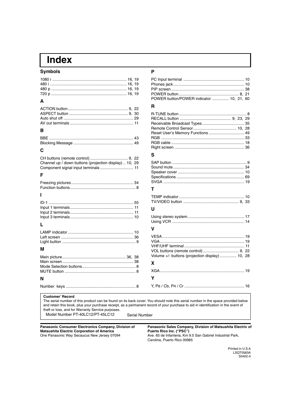 Index | Panasonic PT 40LC12 User Manual | Page 72 / 72