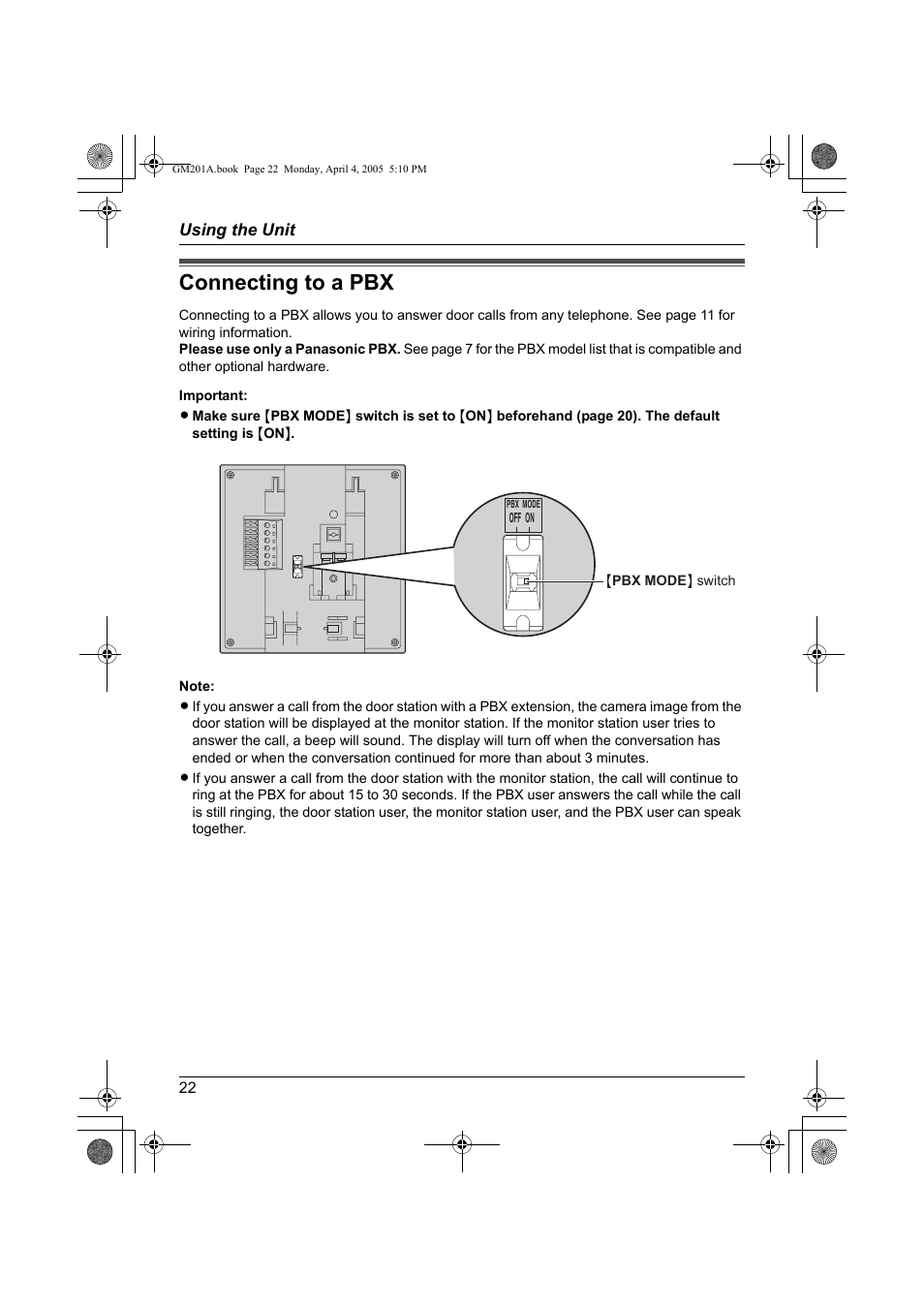 Connecting to a pbx | Panasonic VL-GM201A User Manual | Page 22 / 32