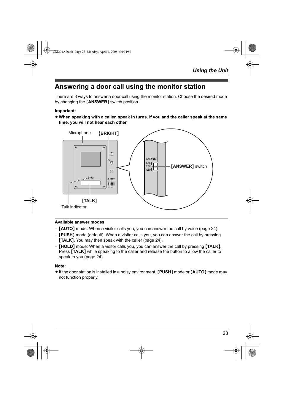 Answering a door call using the monitor station, Using the unit | Panasonic VL-GM201A User Manual | Page 23 / 32