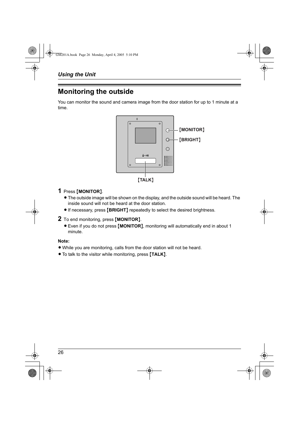 Monitoring the outside | Panasonic VL-GM201A User Manual | Page 26 / 32