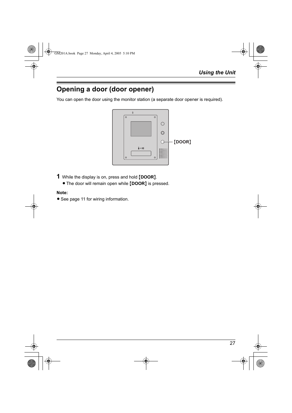 Opening a door (door opener) | Panasonic VL-GM201A User Manual | Page 27 / 32