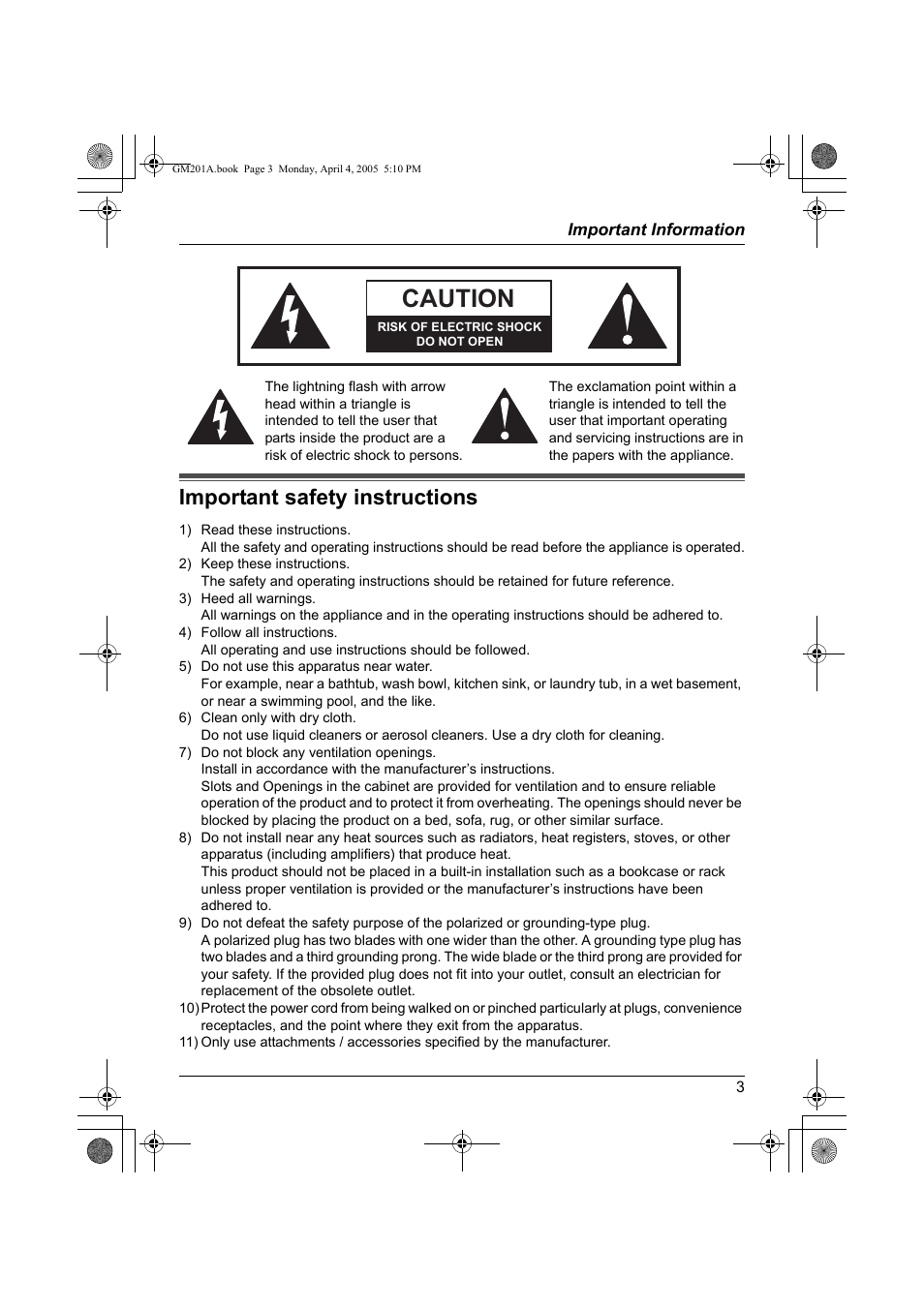 Important information, Important safety instructions, Caution | Panasonic VL-GM201A User Manual | Page 3 / 32