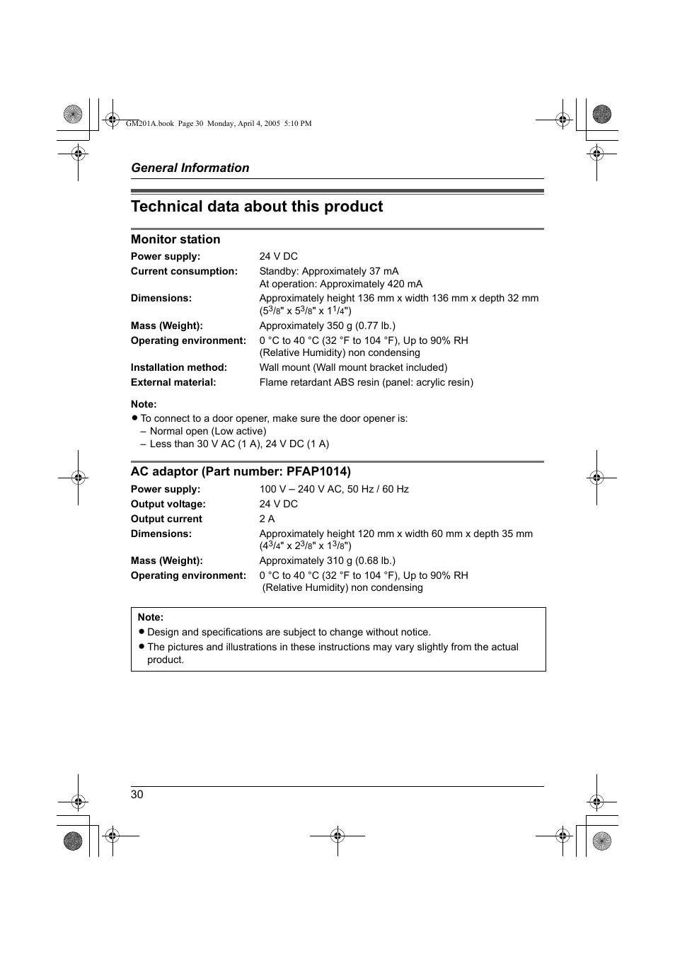 General information, Technical data about this product | Panasonic VL-GM201A User Manual | Page 30 / 32