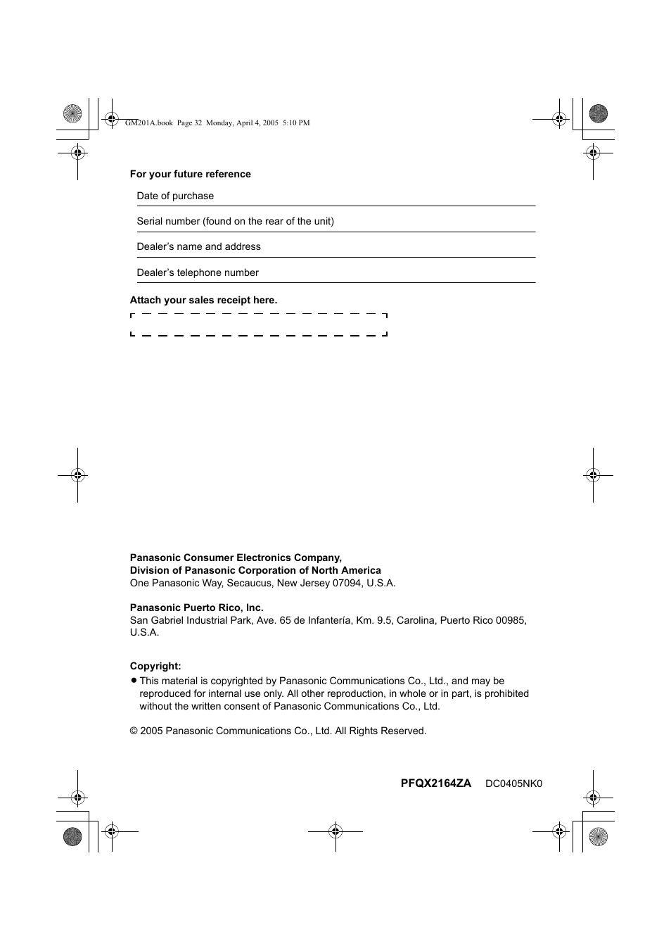 Panasonic VL-GM201A User Manual | Page 32 / 32