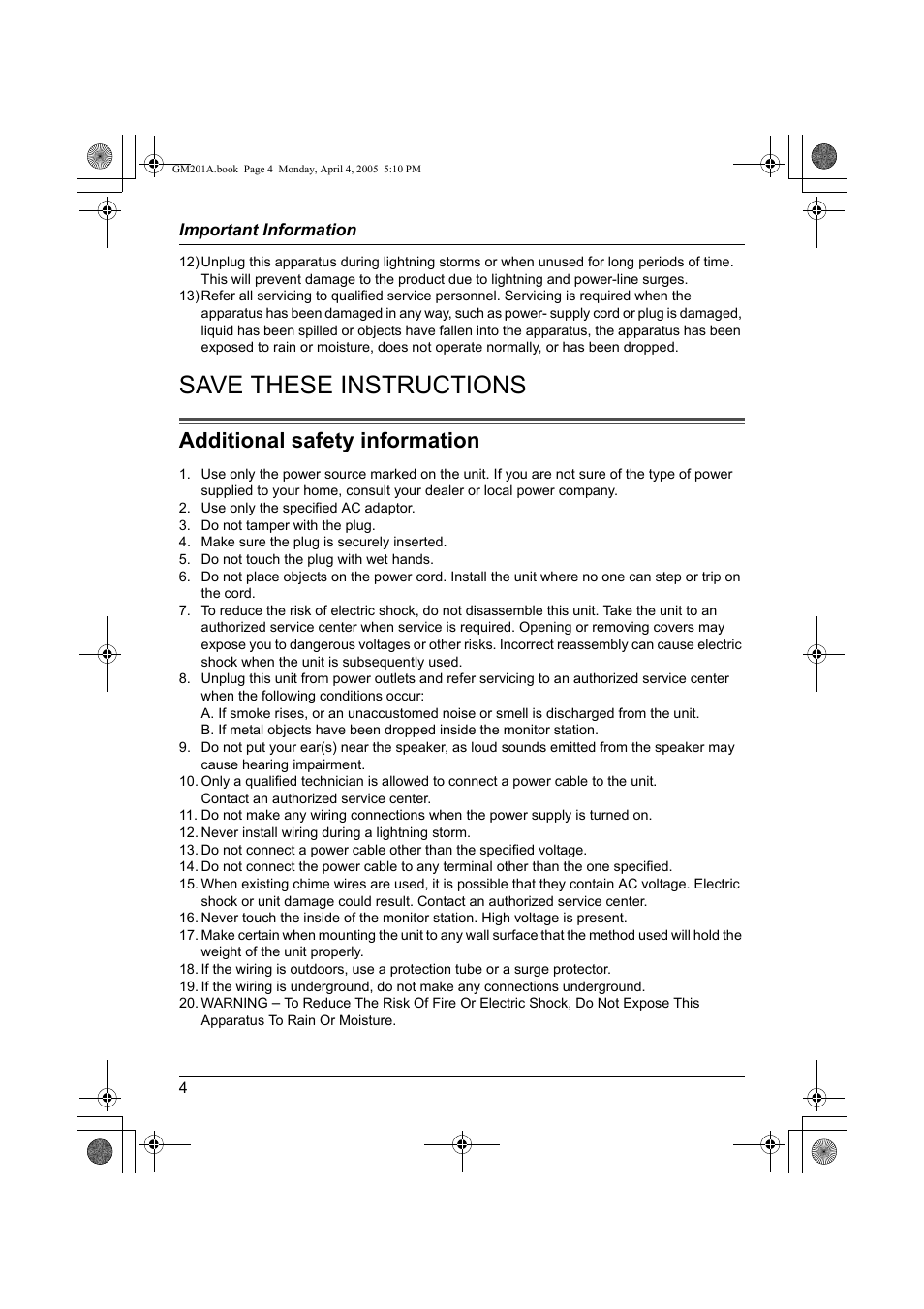 Additional safety information, Save these instructions | Panasonic VL-GM201A User Manual | Page 4 / 32