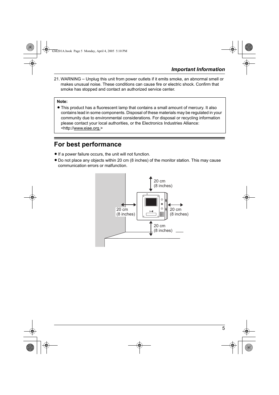 For best performance | Panasonic VL-GM201A User Manual | Page 5 / 32