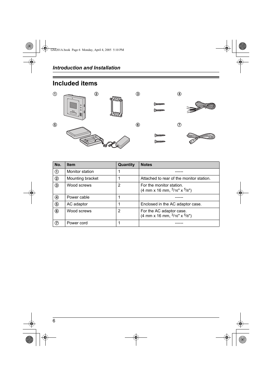 Introduction and installation, Included items | Panasonic VL-GM201A User Manual | Page 6 / 32