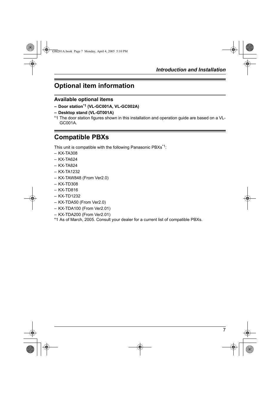 Optional item information, Compatible pbx's, Compatible pbxs | Panasonic VL-GM201A User Manual | Page 7 / 32