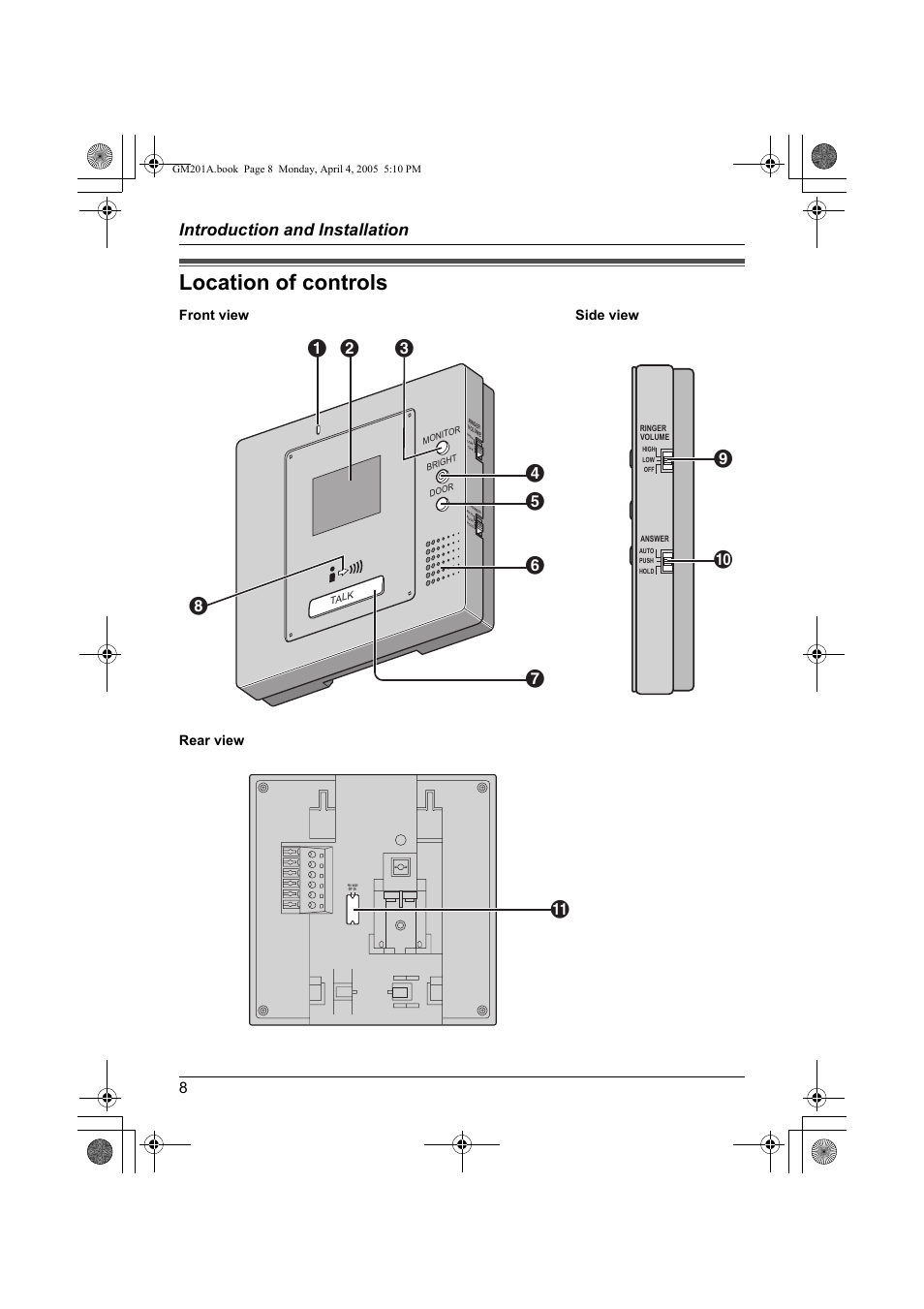 Location of controls, Introduction and installation, Front view side view rear view | Panasonic VL-GM201A User Manual | Page 8 / 32